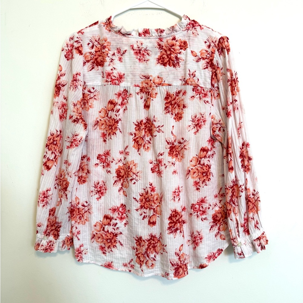 2/$30 LOFT Floral Blouse Medium White Coral Pink Boho Ruffle Neck Cotton Top - Picture 9 of 9